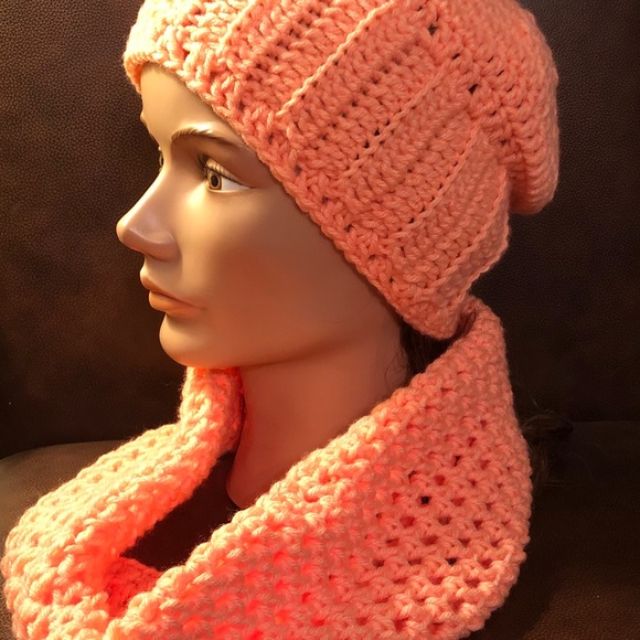 Slouchy hat and infinity scarf set color peach New hand crochet by me